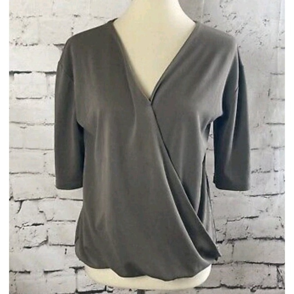 Madison Berkeley Blouse Womens Small Draped Slinky Pullover V Neck Dark Gray NEW